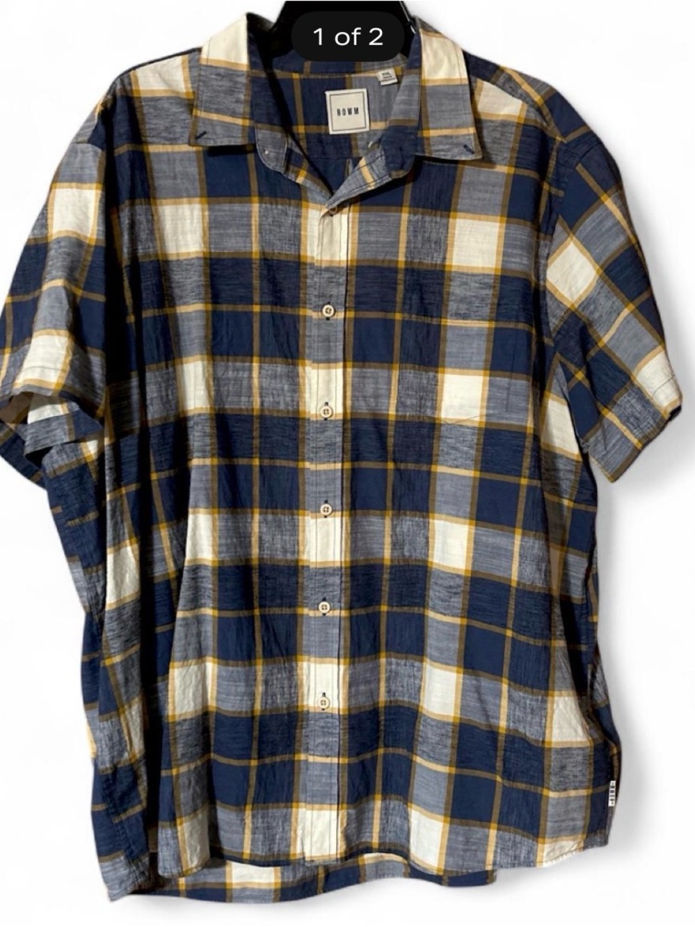 Men's Short-Sleeve Plaid Button-Up Shirt in Navy, Cream & Yellow - Bown